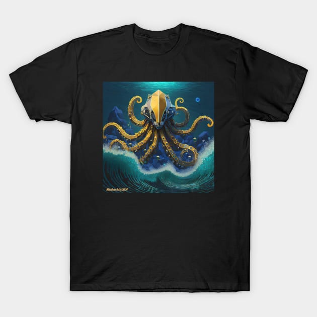 Octomaton Presides over an Underwater Tidal Wave T-Shirt by MikeCottoArt